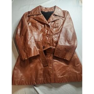 Vintage Sears Leather Belted Trench Coat Women's Size 16 Brown Classic Style